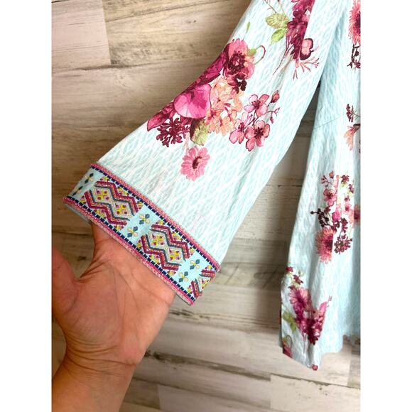 John Mark 1X blue Linen Floral Print Embroidered Beaded Split V-Neck Tunic new - Picture 7 of 7